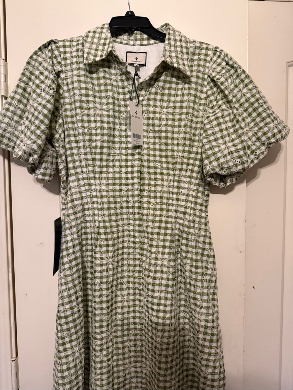 Tuckernuck Green and White Gingham Puff-Sleeve Shirt Dress